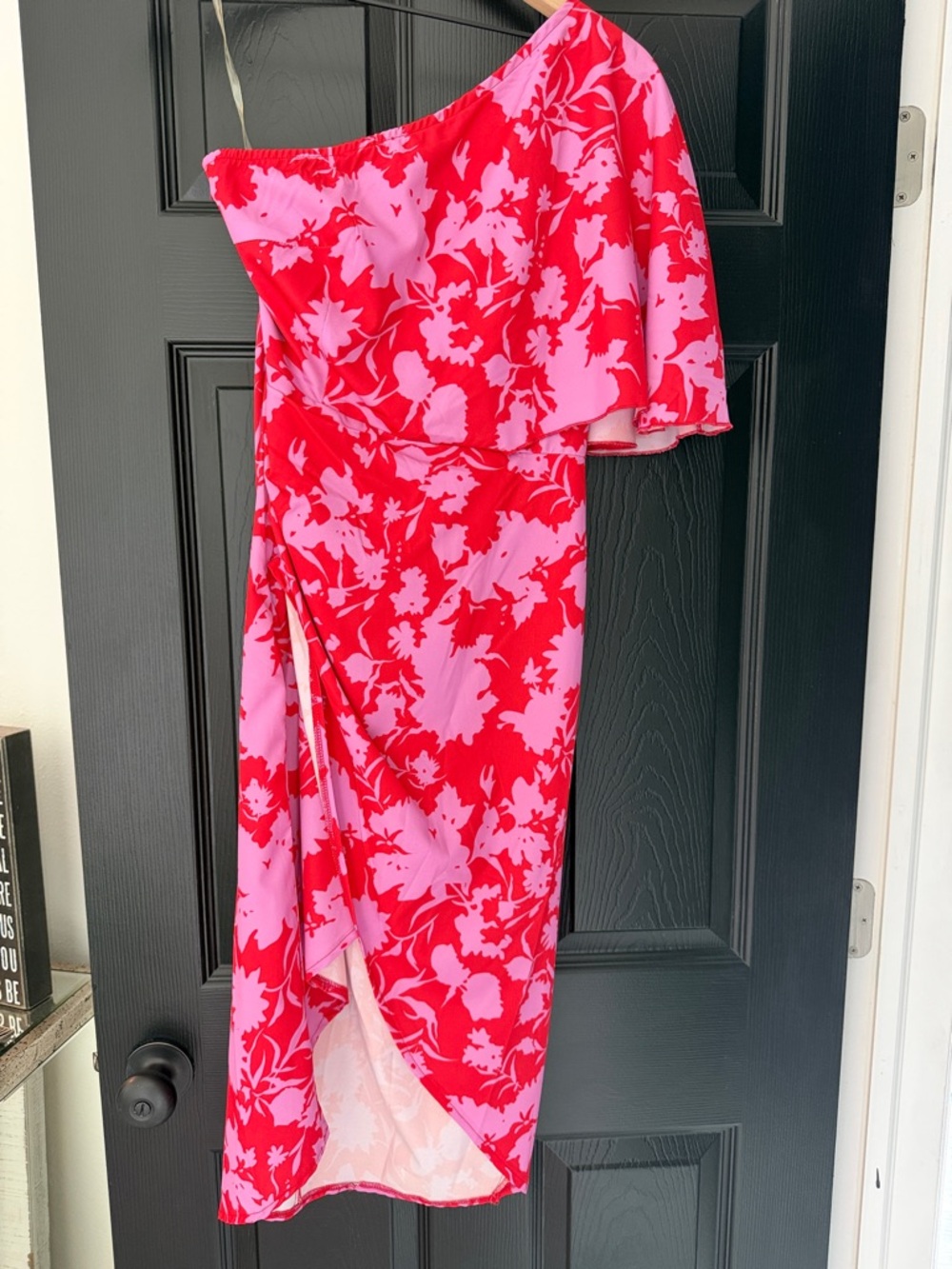 Asymmetric One-Shoulder Floral Midi Dress in Red and Pink